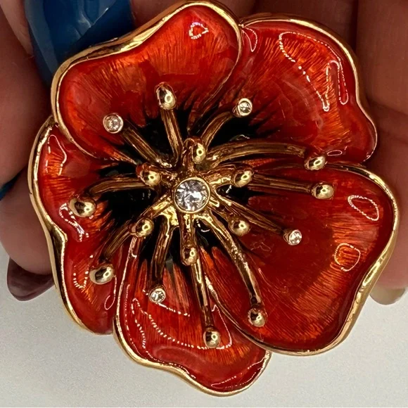 Vintage Monet Poppy Brooch β’ Red-Orange Enamel + Rhinestones β’ 2β β’ Signed - Picture 9 of 16